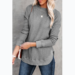 Women's Crew Neck Ribbed Trim Waffle Knit Top in Grey