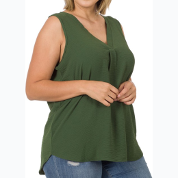 Plus Size Woven Airflow V-Neck Sleeveless Top In Army Green