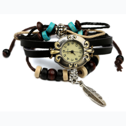 Women's Retro Feather Charm Braided Faux Leather Multilayer Bracelet Watch