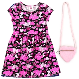 Girl's All Over Love & Heart Printed Dress w/ Pink Heart Fuzzy Purse