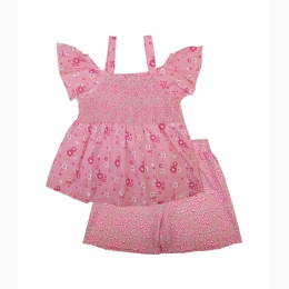 Toddler Girl Pink Floral Smocked Ruffle Cap Sleeved Top & Shorts Set - SIZE 4T