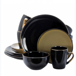 Elama Cambridge Grand 16-Piece Dinnerware Set in Luxurious Black and Warm Taupe