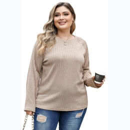 Women's Plus Crew Neck Ribbed Knit Top in Camel