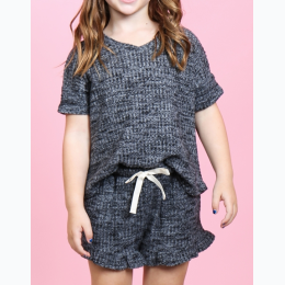 Toddler Girl's Waffle Top and Self Tie Ruffle Leg Short Set in Black/Chambray