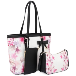 Bow Accent 3-in-1 Flower Print Shopper Set in Black
