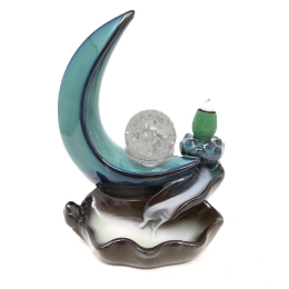 Crescent Moon Crytal Ball Waterfall Backflow Cone & Incense Burner w/ Cones - 5.5"H