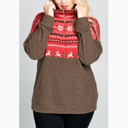 Plus Size Christmas Snowflake Printed Knit Pullover in Red/Mocha