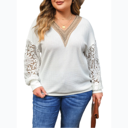 Women's Plus Contrast V-Neck Floral Lace Sleeve Top in White