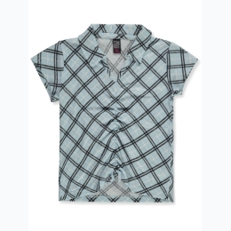 Girl's V-Neck Cinched Front Plaid Top in Blue
