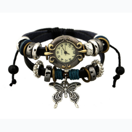 Women's Butterfly Charm Braided Faux Leather Multilayer Bracelet Watch