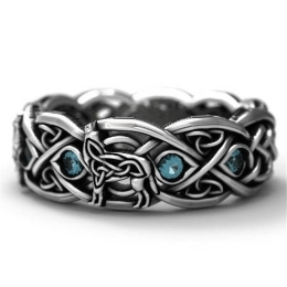 Men's Howling Wolf Knot Design Ring w/ Blue Rhinestone