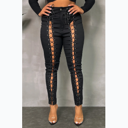 Junior's Front Cut Out Lace Up Pants in Black