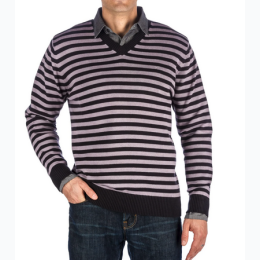 Men's Black & Grey Stripe V-Neck 100% Cotton Sweater - Size Medium
