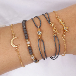Women's Five-Pointed Star Moon Combination 6pc Bracelet Set in Grey