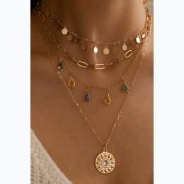 Layered Boho Water Drop Colorful Crystal Pendant Necklace in Gold