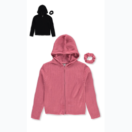Girl's Wallflower Ribbed Hooded Zip-Up Sweater & Scrunchie Set - 2 Color Options