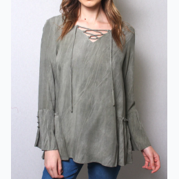 Junior's Lace Up V Neck Long Sleeve With Ruffle And Button Detail Top in Olive